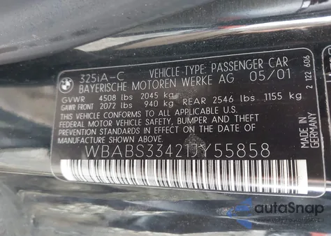 2001 BMW 325Ci from USA, damaged, VIN WBABS33421JY55858